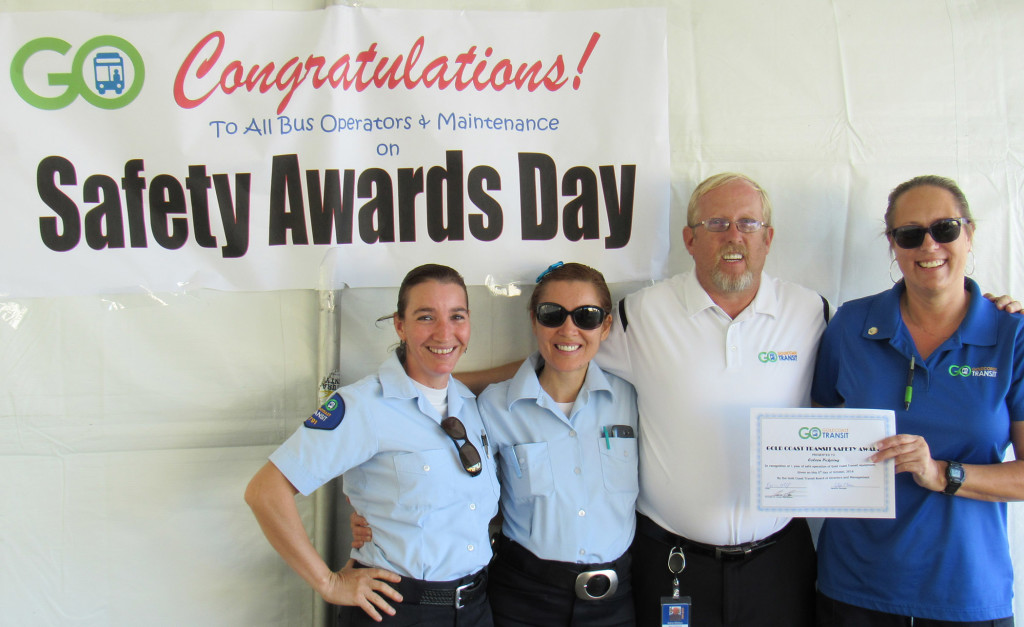 Safety Award Winners Juanita Villasenior, Sylvia Guerrero and Colleen Pickering with Andy Mikkelson, Director of Transit Operations.