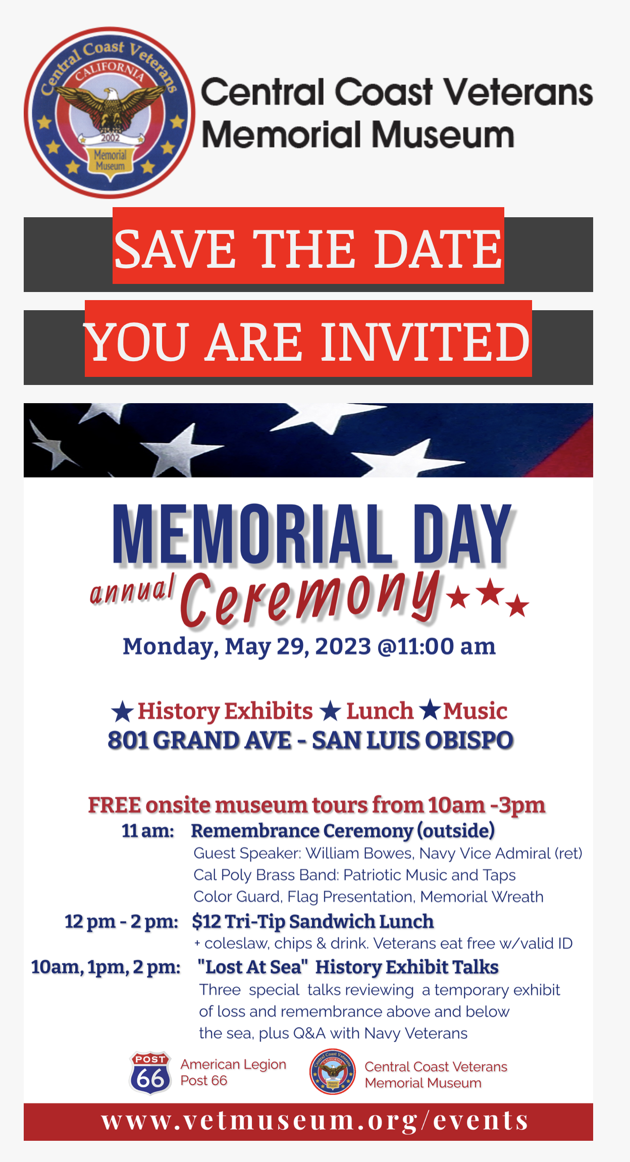 May 29 — Save The Date – San Luis Obispo Memorial Day Remembrance Ceremony with Lunch and Special Museum Exhibit image